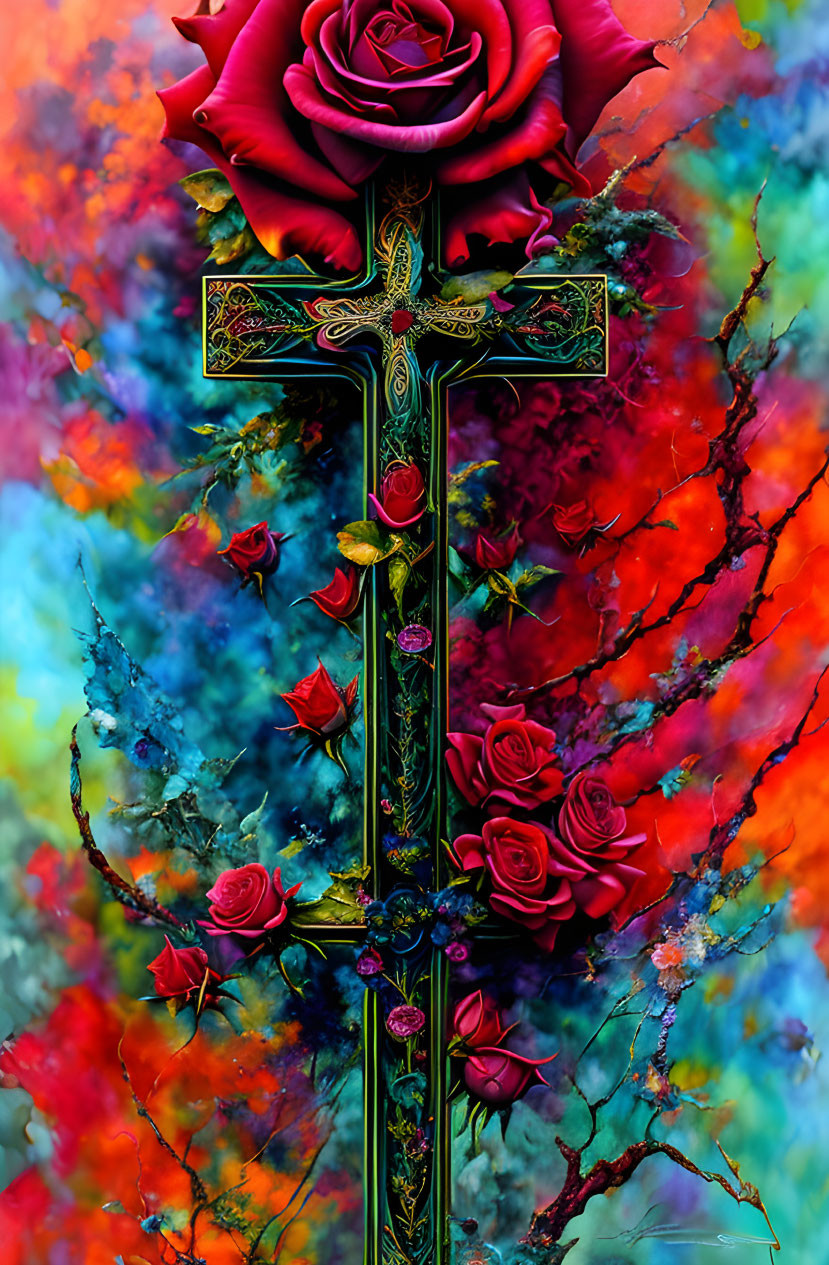 Colorful Abstract Cross with Roses on Swirling Background