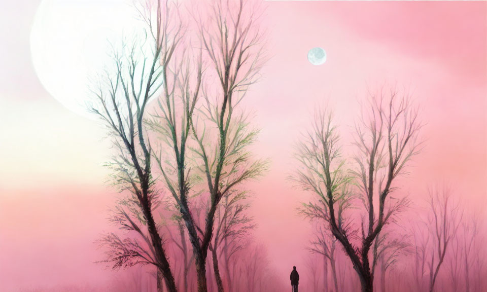 Person standing under bare trees under pink sky with sun and moon visible