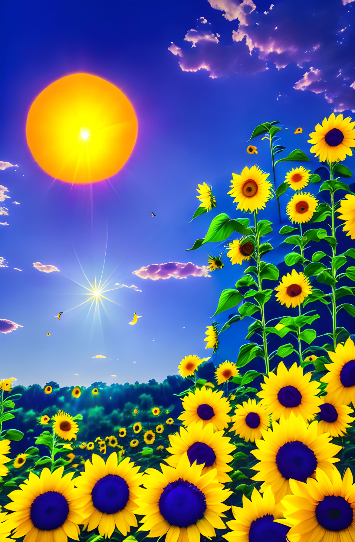 Sunflower Field Under Bright Sun and Blue Sky with Birds