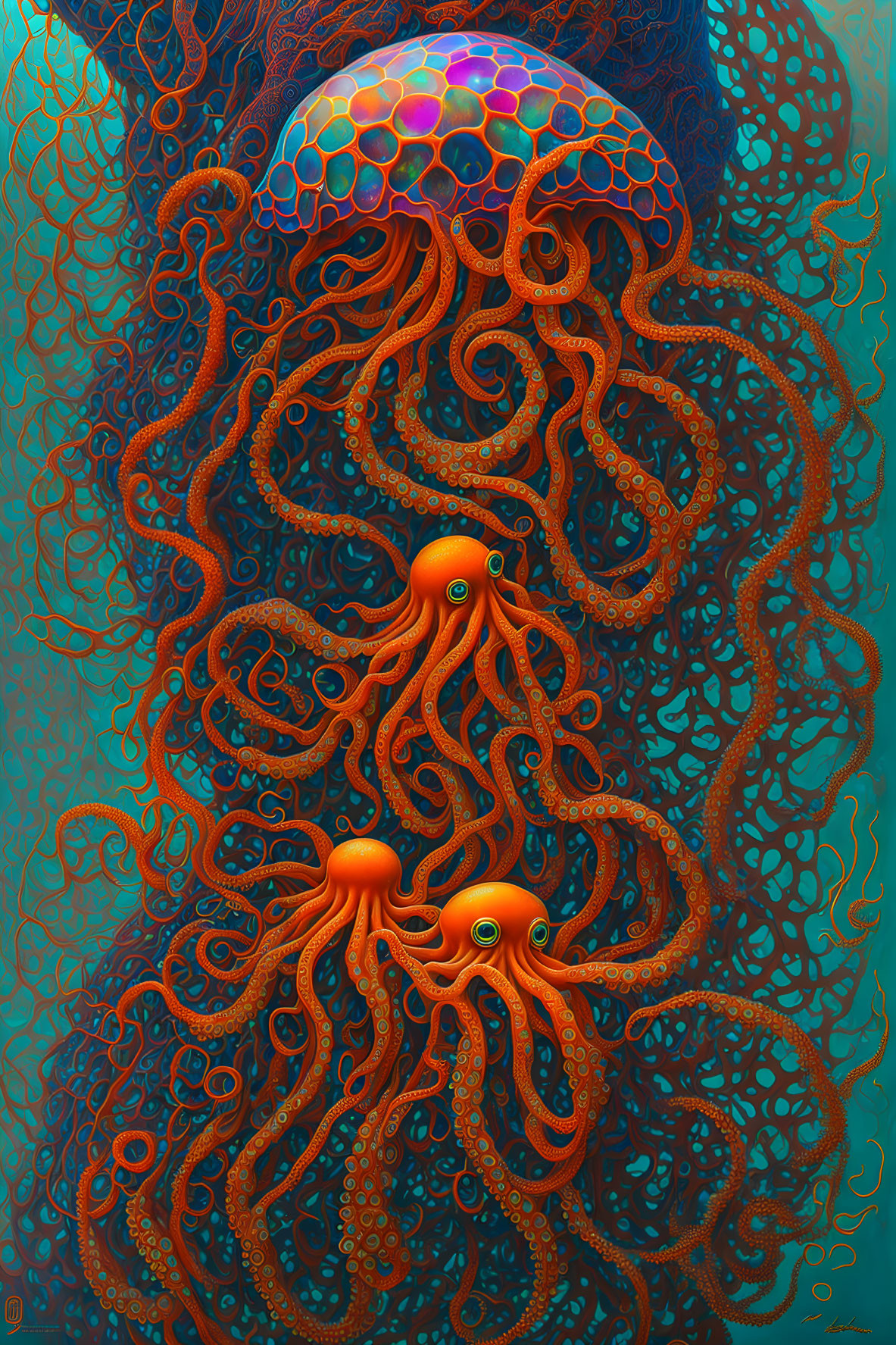 Colorful digital artwork of three stylized octopuses on teal background