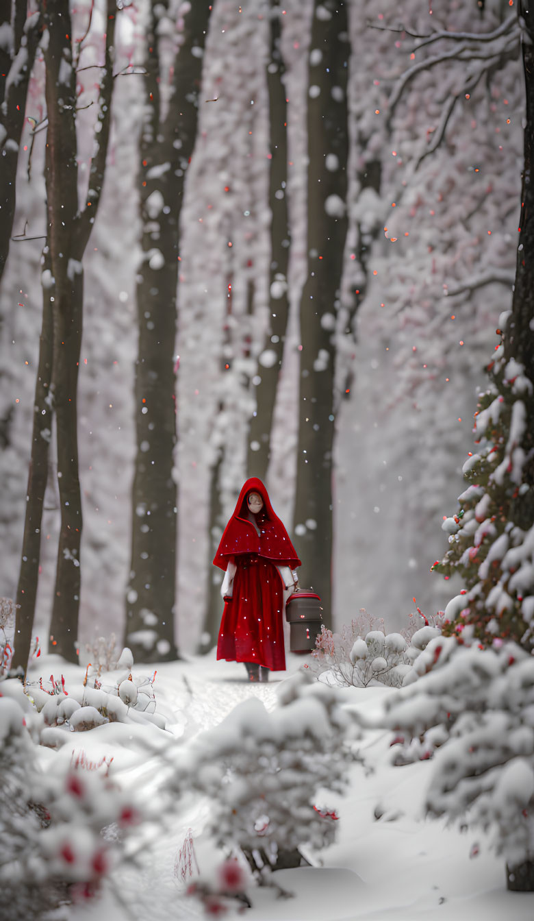 Person in red hooded cloak in snow-covered forest with falling snowflakes