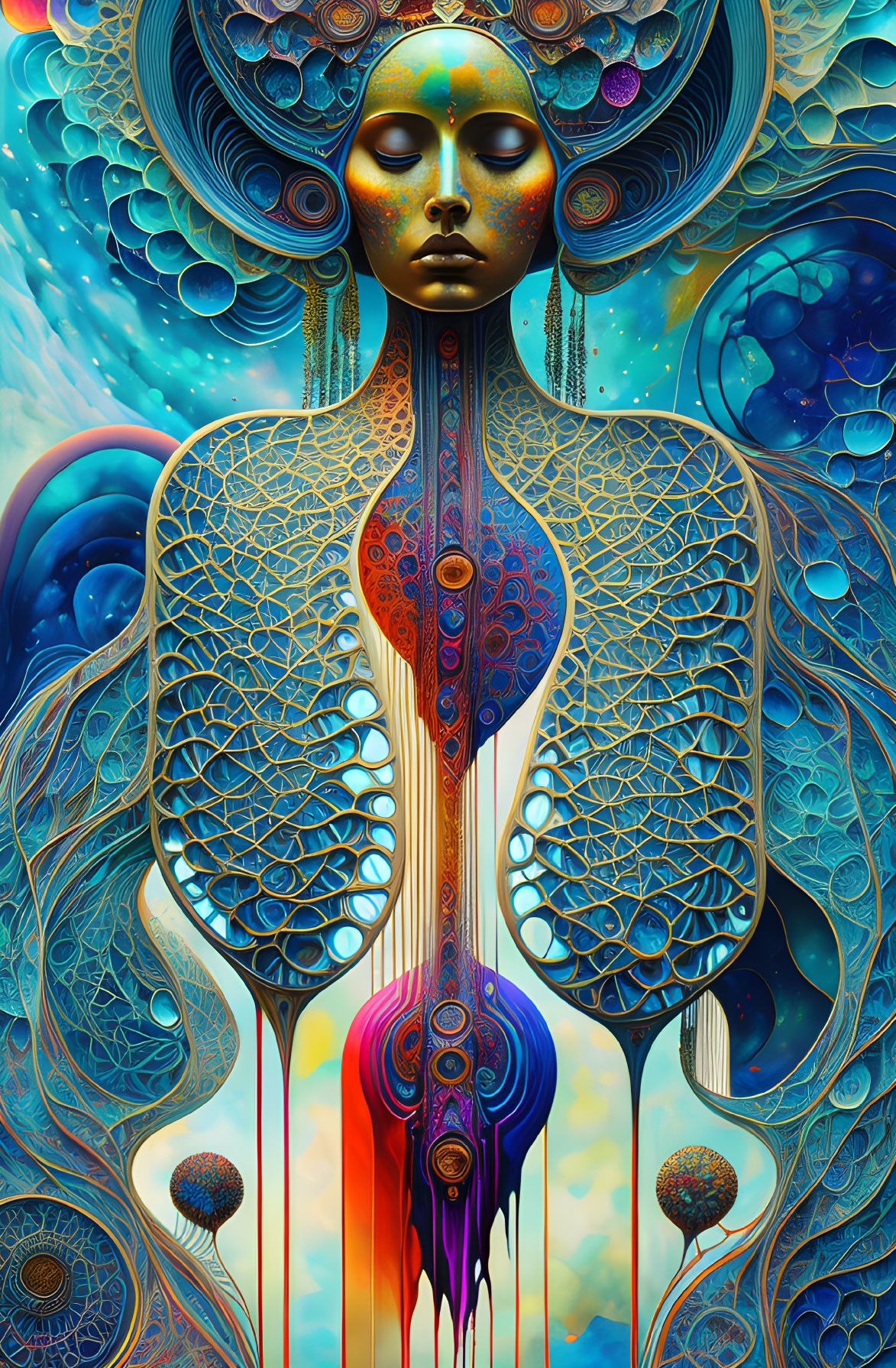 Colorful digital artwork of surreal cosmic female figure in abstract celestial scene