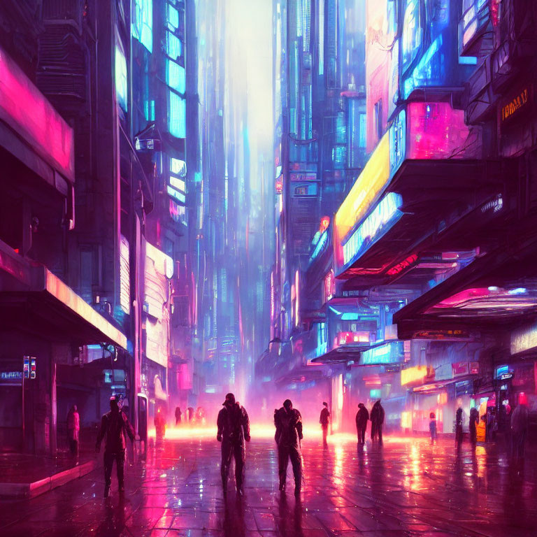 Futuristic neon-lit cityscape at dusk with skyscrapers and glowing billboards