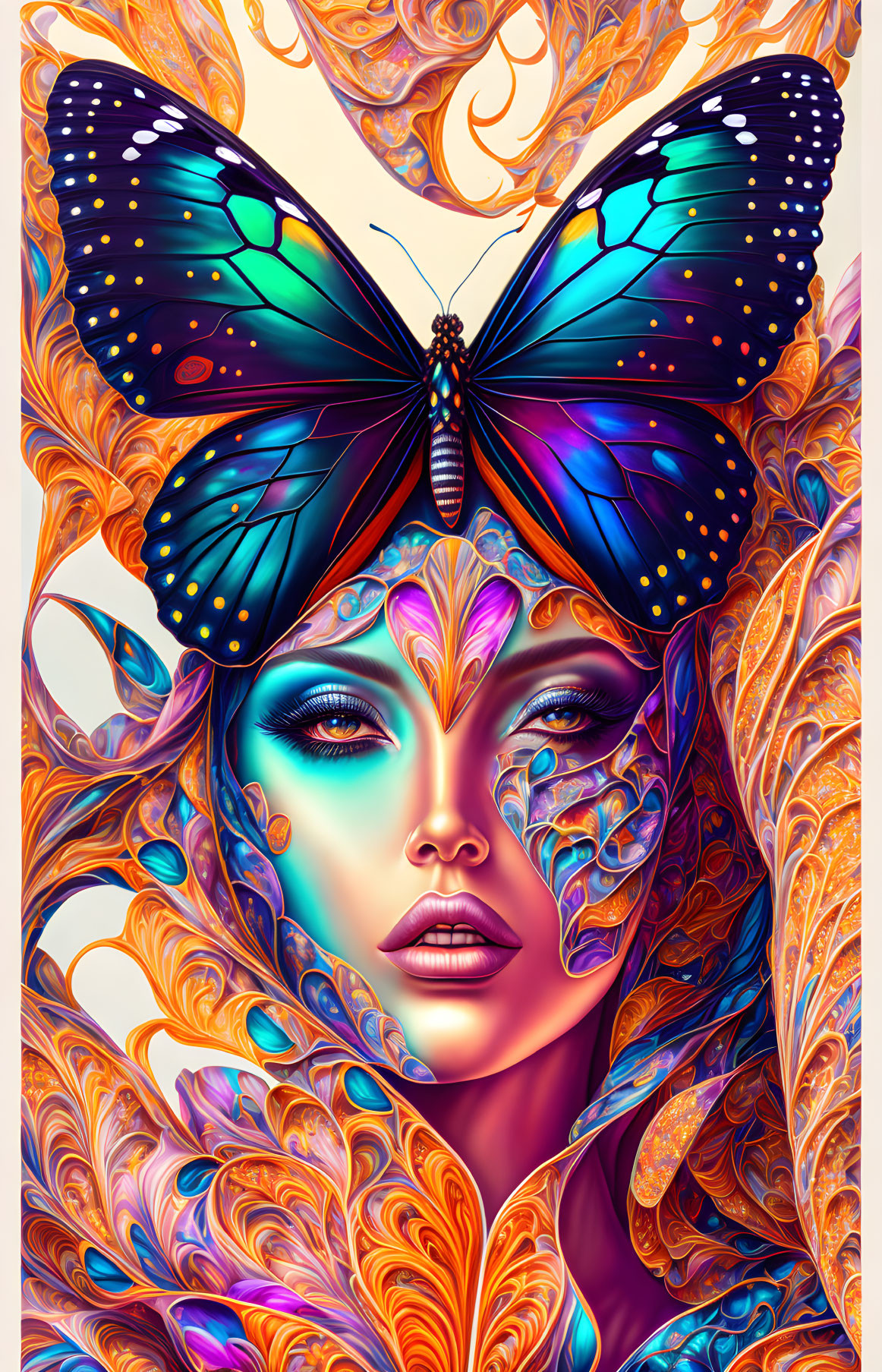 Colorful Artwork: Woman's Face with Butterfly and Ornate Patterns