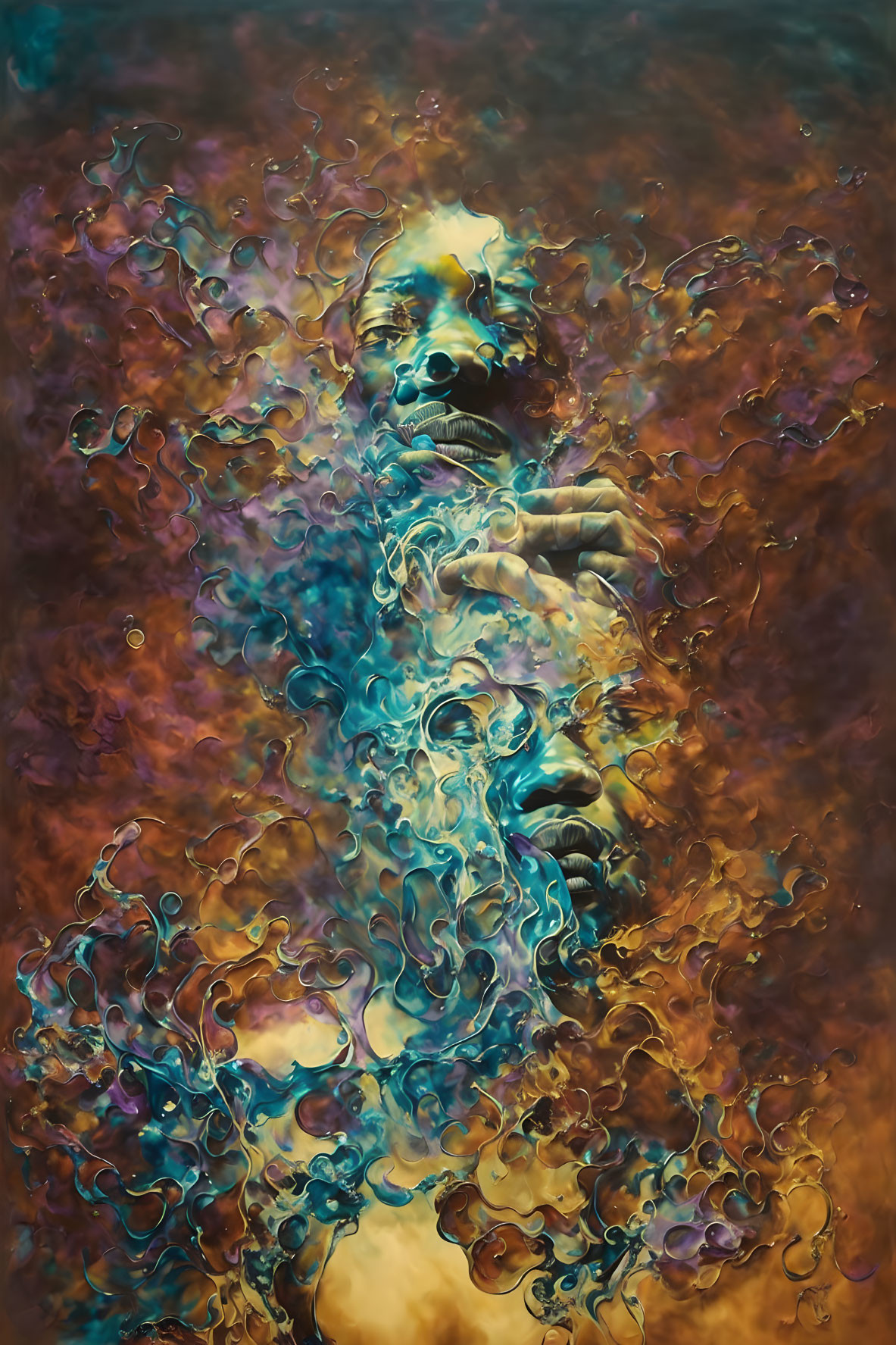 Vibrant surreal artwork: person submerged in water with colorful swirls.