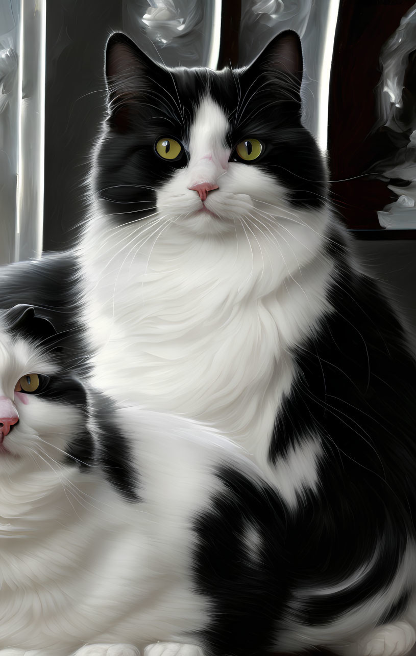 Striking black and white cats with intense eyes in close proximity