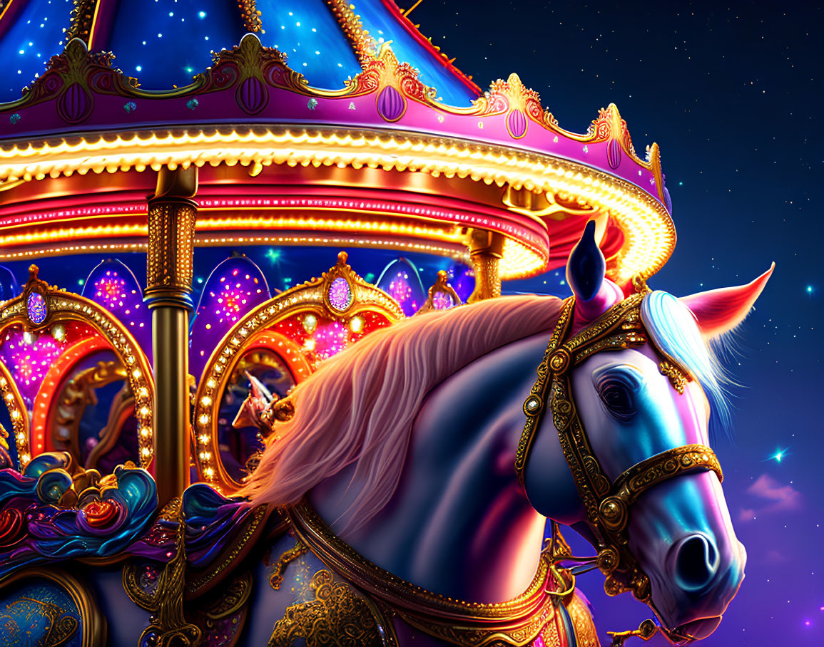 Colorful Carousel Horse with Detailed Decorations Under Starry Sky