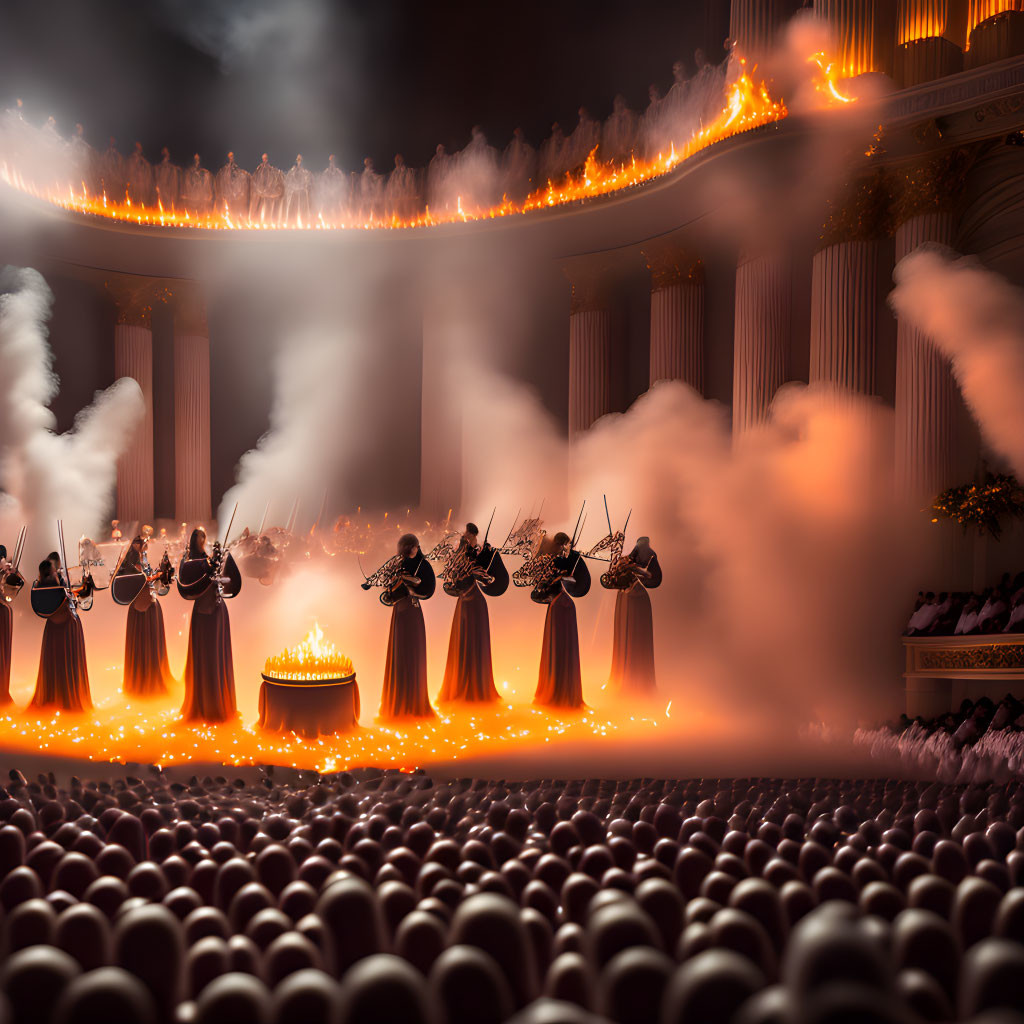 Violinists performing on fiery stage with smoke effects