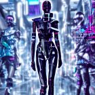 Female humanoid robot in sleek black body suit with cybernetic enhancements in futuristic corridor.