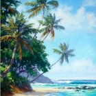 Vibrant Tropical Beach Oil Painting with Palm Trees and Sailboat