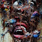 Colorful Abstract Painting of Fragmented Human Face with Expressive Eyes and Mouth