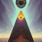 Surreal glowing pyramid with levitating skull in twilight landscape