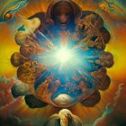 Vibrant surreal painting: robed figure, cosmic scene, sun, floating eye, faces.