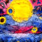 Colorful surreal artwork: large glowing sun, sunflowers, red tree, blue and purple sky