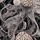 Abstract art: Two human brains intertwined in chaotic neural patterns