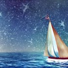 Colorful Digital Art: Sailboats on Cosmic Sea with Galaxy, Planets, Stars