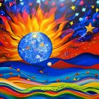 Colorful Cosmic Painting with Star-Filled Sphere and Fiery Waves