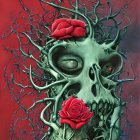 Skull with roses and vines on red background symbolizing life and decay