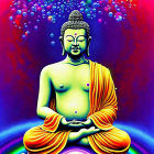 Colorful digital art: Meditating Buddha with radiant aura and ornate patterns