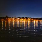 Panoramic nightscape oil painting of city skyline and river boats