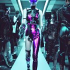 Futuristic cyberpunk woman in VR glasses with robots in neon-lit corridor