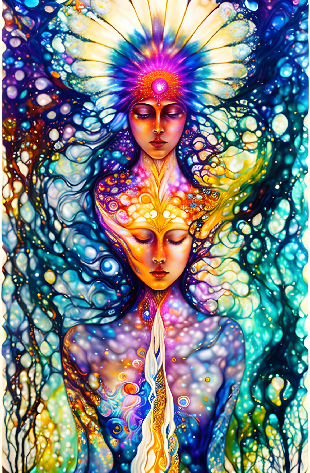 Psychedelic artwork: Ethereal beings with intricate designs and celestial colors