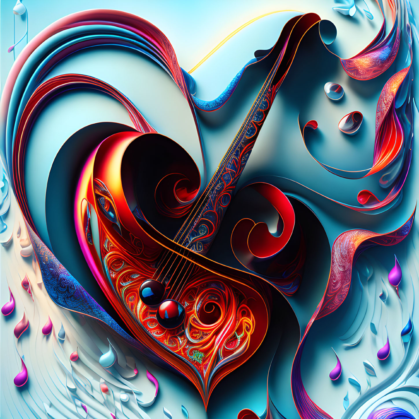 Vibrant Heart Art with Intricate Patterns on Blue Background