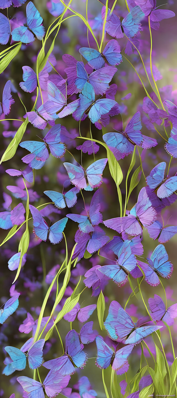 Vibrant blue butterflies on green stems against purple backdrop