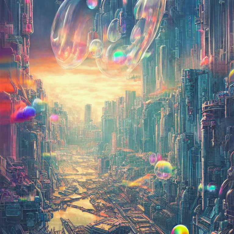 Futuristic cityscape with iridescent bubbles and skyscrapers at sunrise or sunset