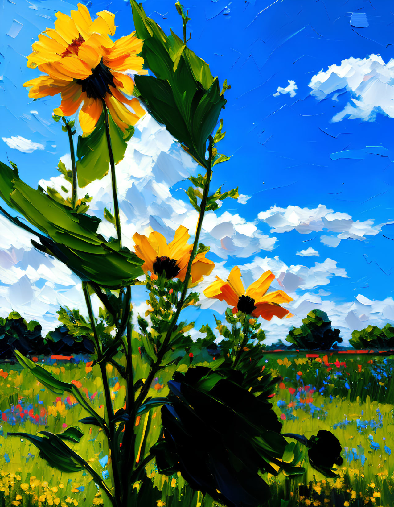 Colorful sunflower painting with bold brushstrokes on blue sky