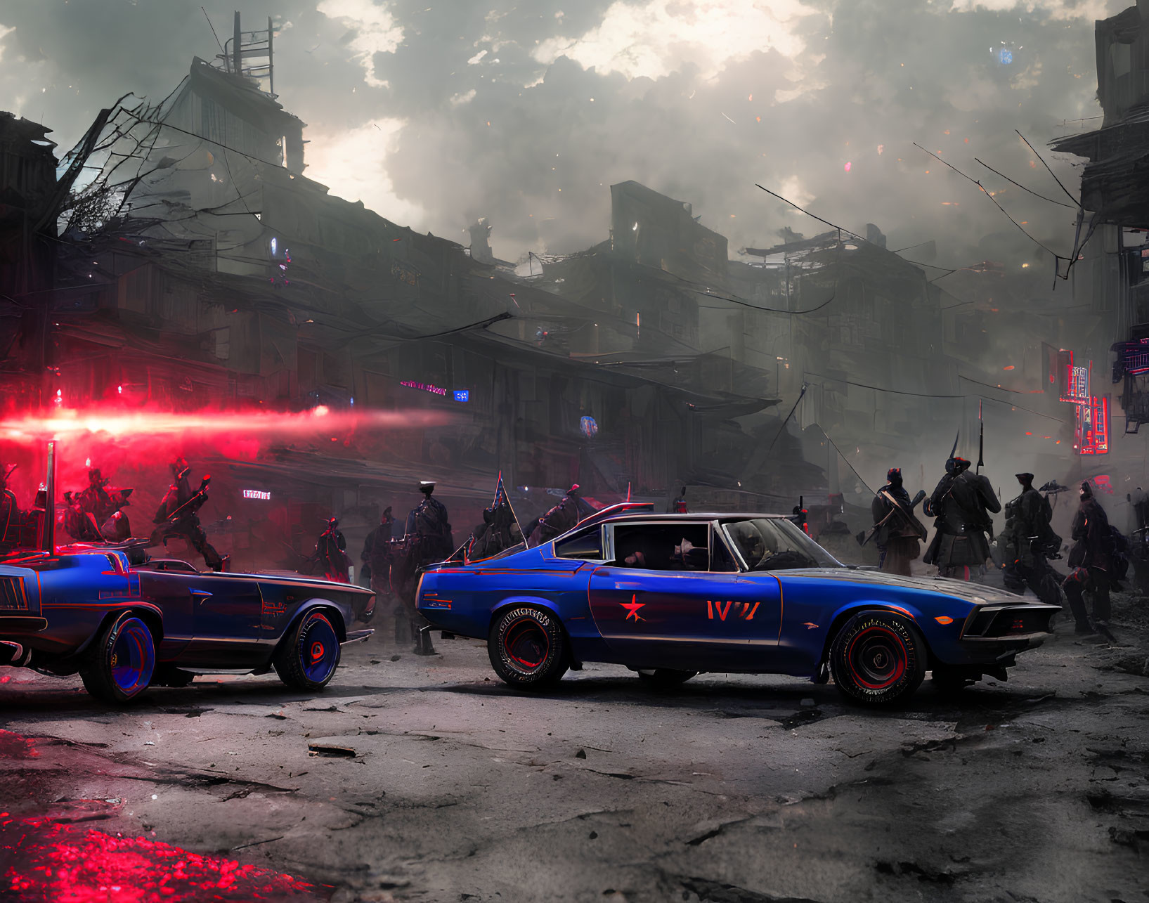 Dystopian scene with armed soldiers and futuristic police vehicles in somber setting