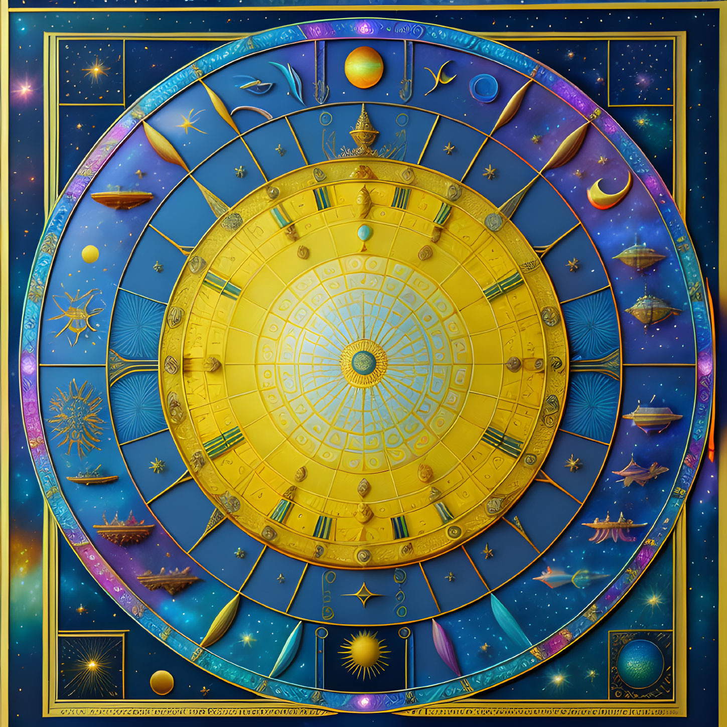 Circular Astrological Chart with Zodiac Signs and Celestial Bodies on Starry Background