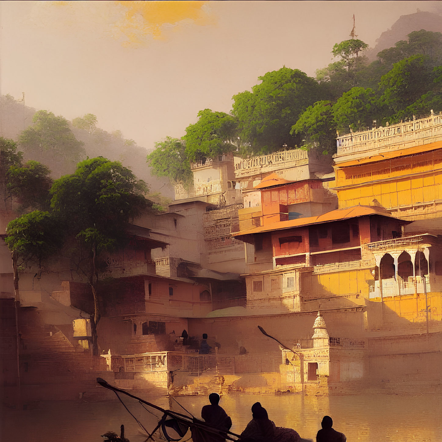 Serene river scene with boat, traditional buildings, and lush trees