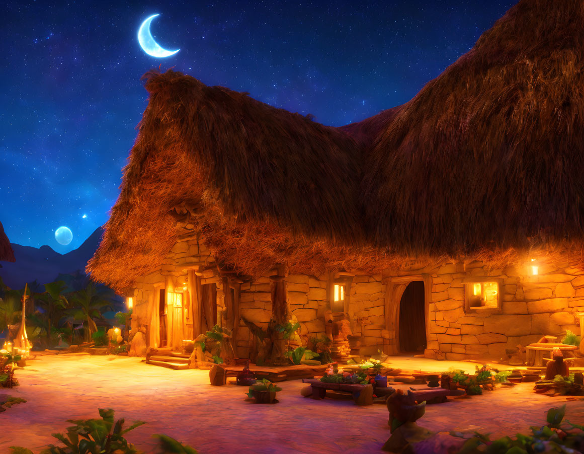 Thatched-Roof Cottage Night Scene with Crescent Moon