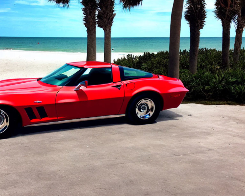 Vintage Red Sports Car Parked by Sandy Beach with Palm Trees