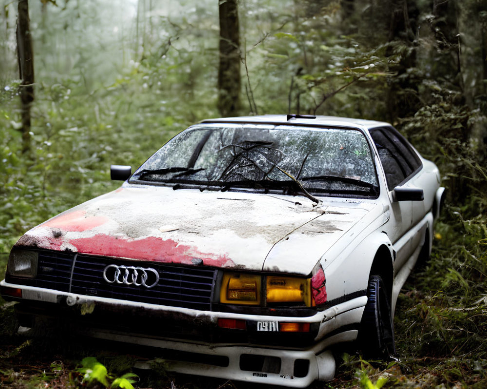 Abandoned white and red Audi car in misty forest with peeling paint