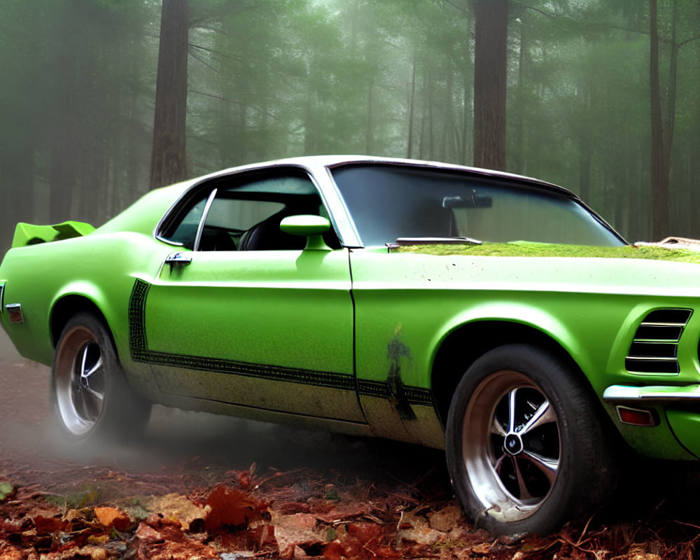 Vintage green Mustang car in foggy forest with tall trees and red leaves.