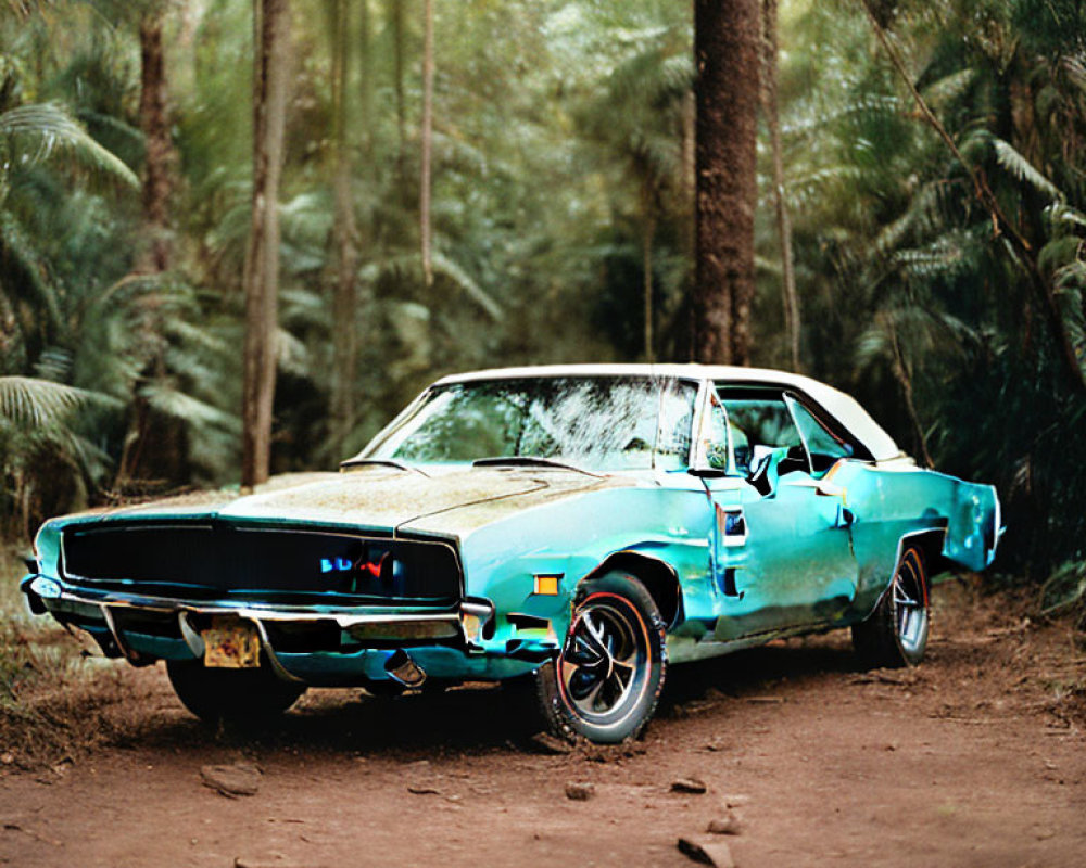 Vintage turquoise car parked on dirt path in dense forest