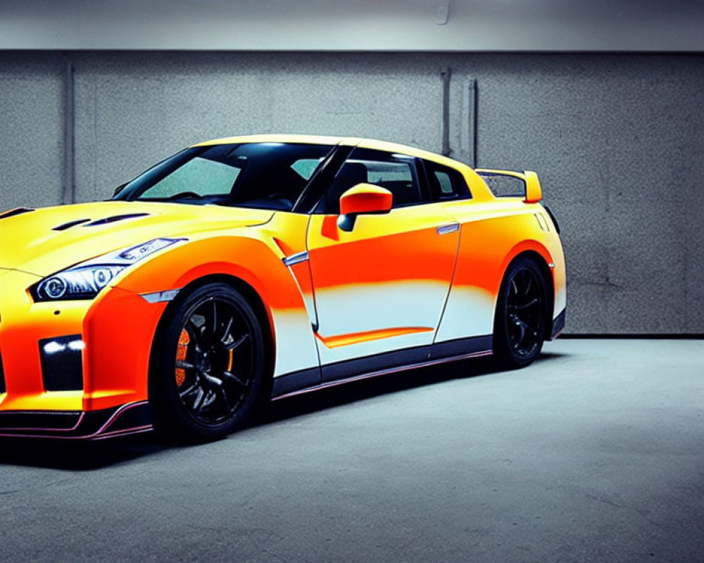 Sleek yellow sports car with orange stripes in dimly lit garage