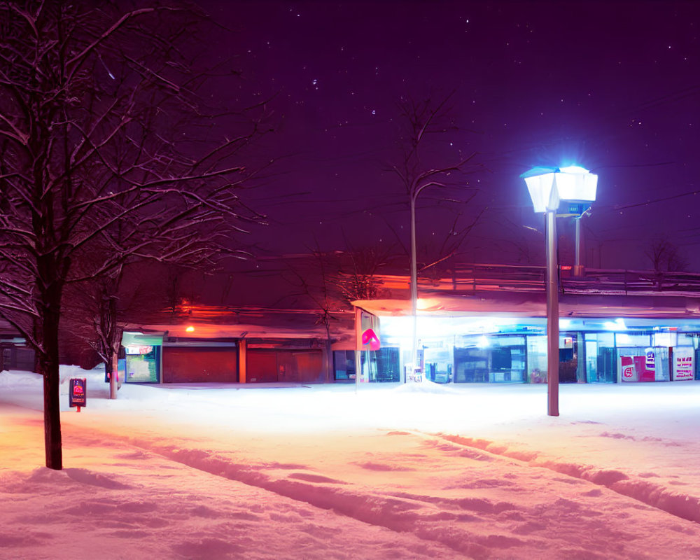 Snowy night scene with lamp post, tree, building, and starry sky.