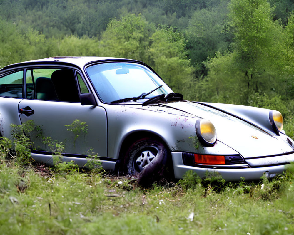 Silver Porsche 911-like car parked in green field with trees