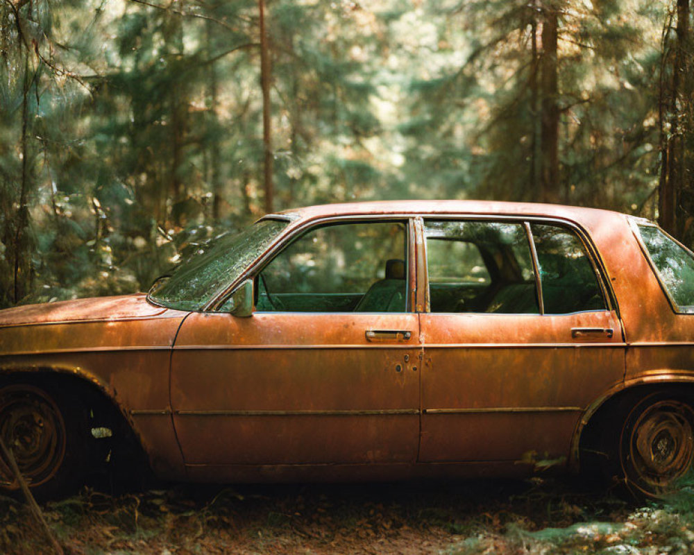 Rusted abandoned car in sunlit forest with shadowed trees