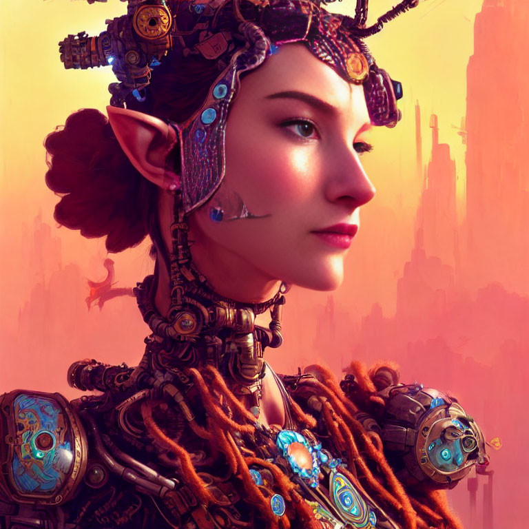 Female cyborg with elf-like ears and intricate headgear on pink backdrop