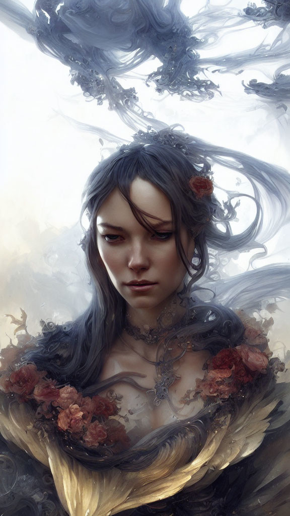 Ethereal woman with somber expression surrounded by misty swirls and red flowers