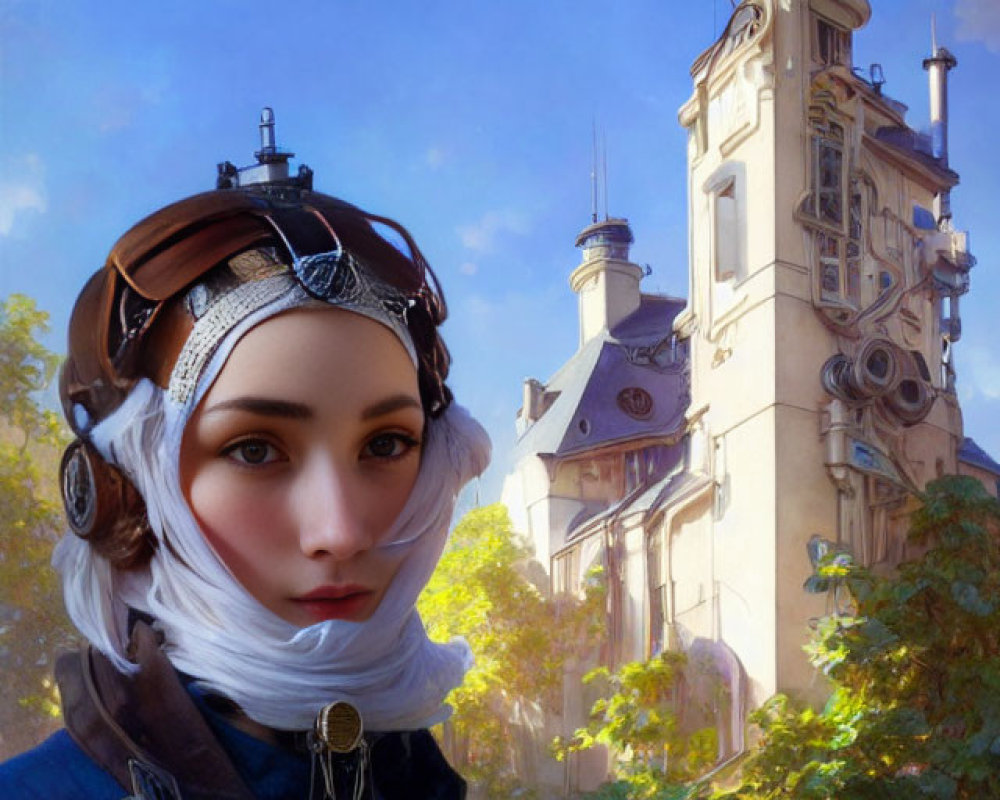 Steampunk-inspired woman with goggles in front of ornate building