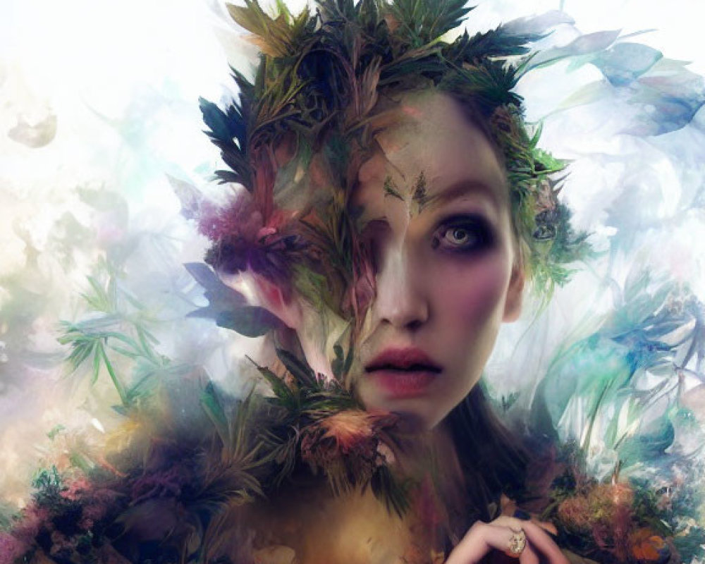 Woman's face merges with floral elements in surreal portrait