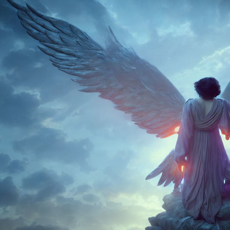 Person in flowing robe gazes at ethereal glowing wing on cliff at twilight