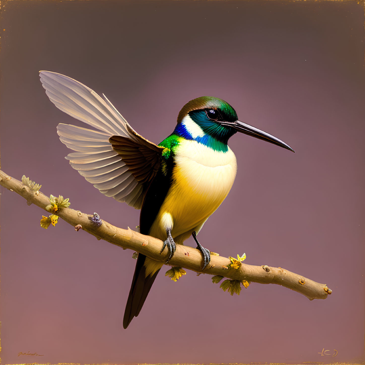 Colorful Bird with Green, Yellow, White, and Blue Plumage Perched on Branch