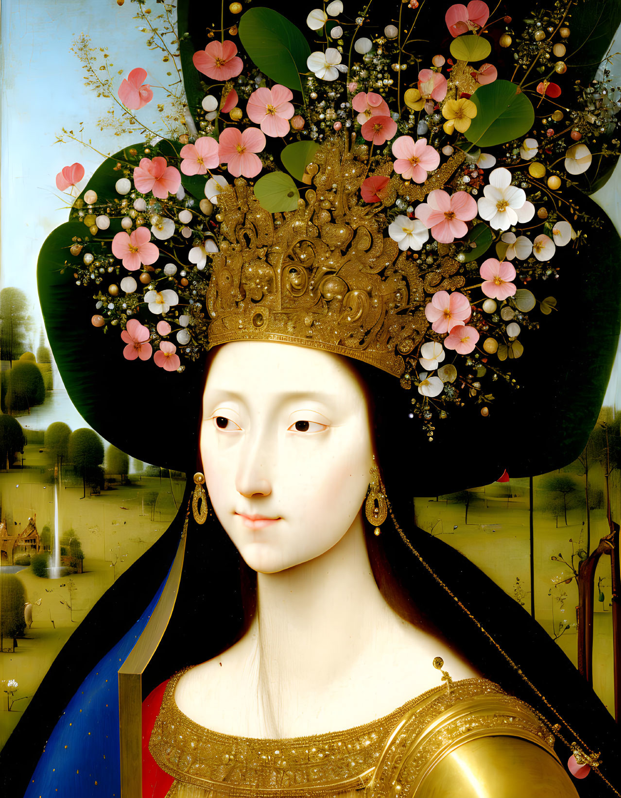 Portrait of Woman with Floral Headdress and Golden Crown in Serene Expression