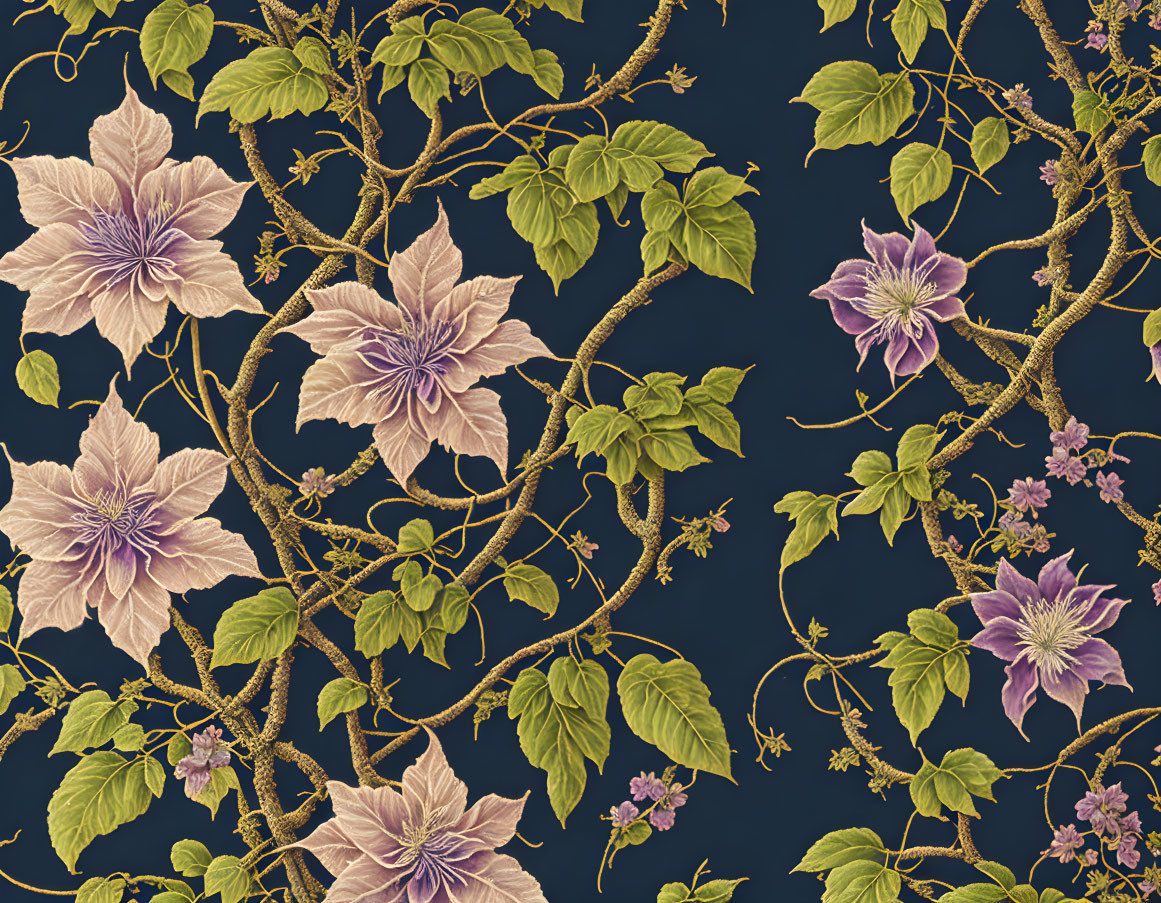 Pink Clematis Flower Floral Pattern on Dark Blue Background